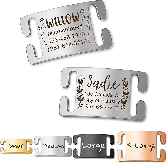 Anavia Slide On Silent Pet ID Tags, Fun Wild Flower Frame Design Personalized Engraved Plated Stainless Steel Cat Dog Name Tags, Glossy Customized Chew-Proof Quiet Dog Collar Tags (X-Large, Silver)