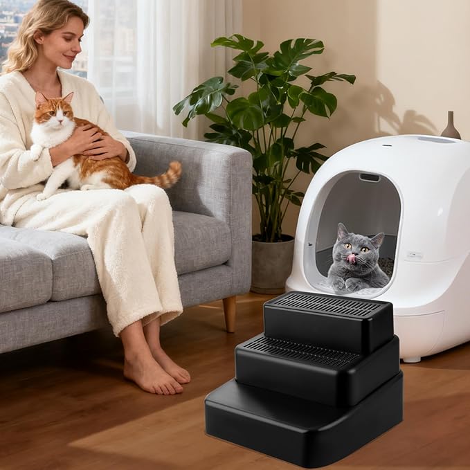 Adjustable 3 Steps Litter Box Ramp, Litter Box Step with Filter Function, Easy to Clean Cat Litter Stair Catcher for Older Cats and Small Cats (Black)