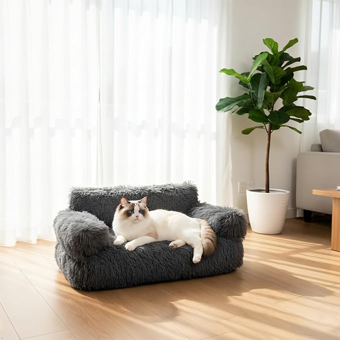 Plush Cat Couch Bed - Cat Bed for Indoor Cats, Dog Sofa Bed, Long Plush Calming Pet Couch with Removable Cover, Anti-Anxiety Pet Sofa for Small/Medium Pets (26×18×12in, Dark Gray)