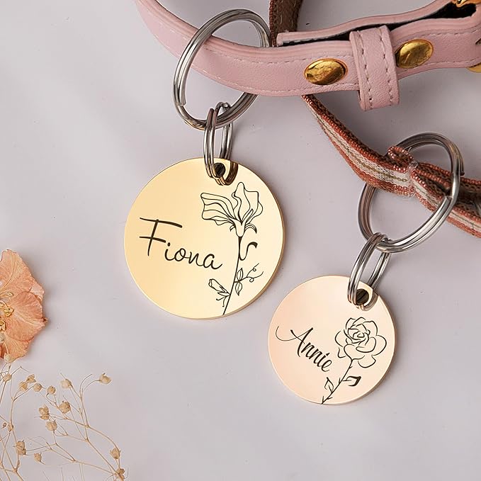 Anavia Floral Pet ID Tags, Birth Month Flowers Theme Dog Tag Round Bone Shape Cat Name Tag, Glossy Stainless Steel Gold Plated Dog Collar Tag (Round - Single Stem - Black, Small)