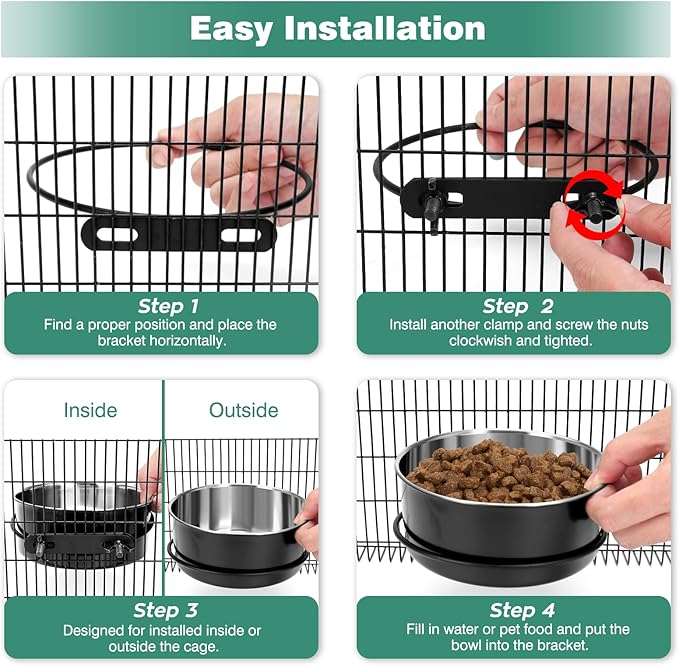 Crate Water Bowl No Spill, 2 Pack Dog Crate Bowls Hanging, Kennel Dog Water Food Bowls Mountable, Pet Cage Accessories Feeder Dish, Large Stainless Steel Coop Cup for Cat Puppy Bunny Guinea Pig Ferret