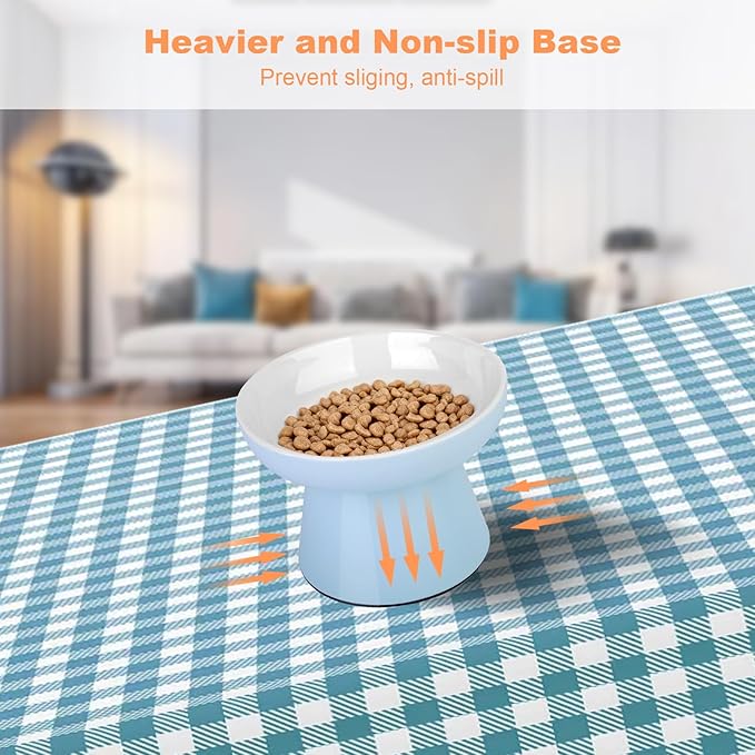 Elevated Cat Food Bowls,Ceramic Raised Cat Bowls with Non-Slip Base,Whisker Friendly Shallow Design for Dry & Wet Food,Anti Vomiting, Dishwasher Safe(Blue)