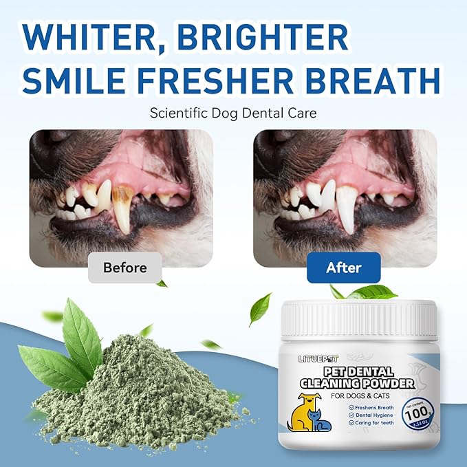 Dog Dental Powde - Dog Teeth Cleaning Powder, Reduces Plaque & Bad Breath - Teeth Cleaning Made Easy Eliminate,Dog Dental Powder and Cats Breath Freshener,Tartar Remover for All Dog (Large)