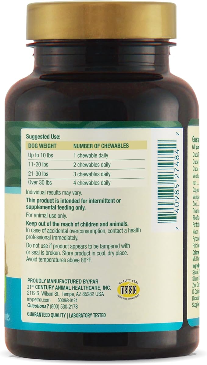 Petnc Natural Care Brewers Yeast Dog Skin and Coat Supplement (250 Chewables), With B Vitamins, Antioxidants & Minerals, Promotes Healthy Skin & Glossy Coat, For Dogs 10 Lbs & Over