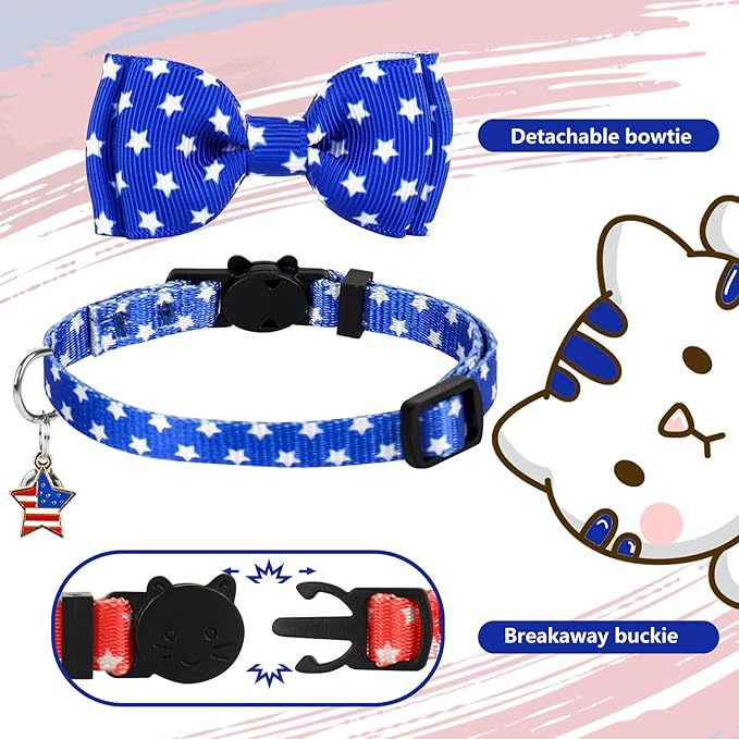 JarThenaAMCS 3Pcs Patriotic Cat Collar American Flag Star Collar with Breakaway Bell Bow Red White Blue 4th of July Adjustable Kitten Collars for 250th Anniversary Independence Day Supplies