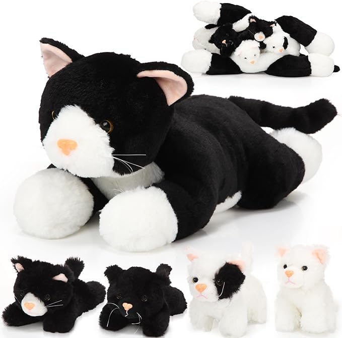 Skylety 5 Pieces Cat Stuffed Animal with Babies Inside Belly Plush Cat Pregnant Mommy Kitty with 4 Cute Fluffy Stuffed Kittens Christmas Birthday Surprise Gifts(Black, White)