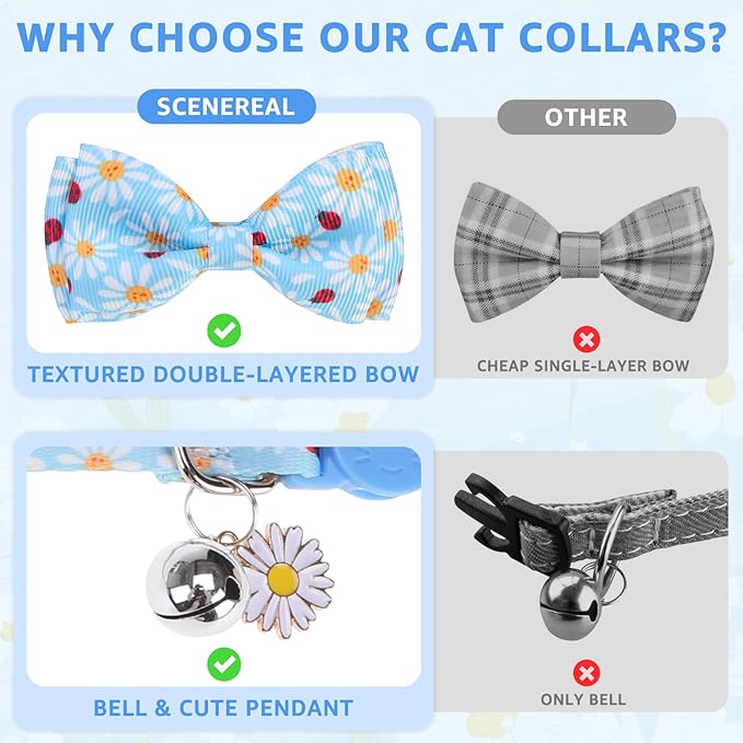 SCENEREAL Breakaway Cat Collar with Bell, 2 Pack Safety Adjustable Cat Collars with Pendant, Pink Personalised Puppy Kitten Collar with Bow for Spring Summer, Strawberry Daisy