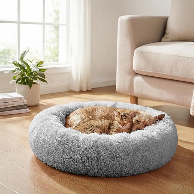 PetAmi Calming Dog Bed for Small & Medium Dogs and Cats, 30 Round Donut Dog Bed, Washable Fluffy Faux Fur Puppy & Cat Bed, Anti-Anxiety Plush Cuddler Pet Bed with Anti-Slip Bottom - Light Gray