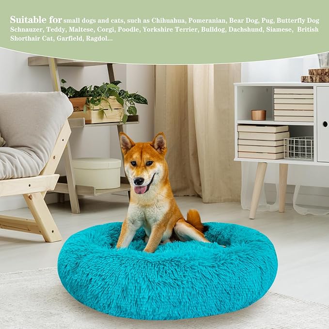 Calming Dog Bed for Medium Dogs Cats, Puppy 31'' Round Anti-Anxiety Warm Fluffy Plush Faux Fur Bed, Soft Anti-Slip Donut Washable, Cozy Medium Puppy Bed, Fits up to 50 lbs Pets