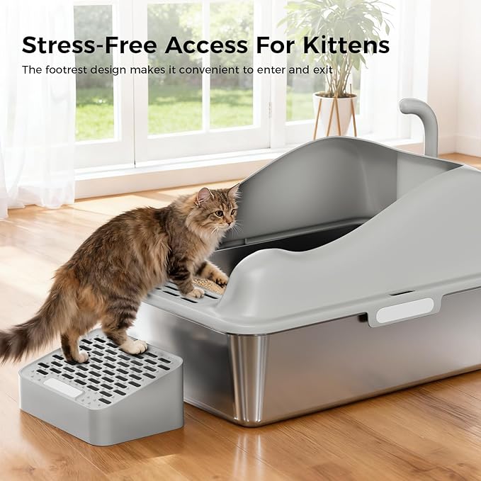 GTPLAYER Stainless Steel Cat Litter Box XL - Extra Large High-Sided Open-Top Metal Litter Box for Large & Multi-Cat Homes, Splash Guard, Low Entry, Easy Clean 304 Steel with Step, Mat & Scoop, Beige