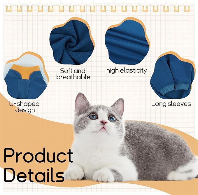 T'CHAQUE Sticky Hair Cat Onesie - Soft Long Sleeve Cat Pajamas, Anti-Shedding,Surgery Recovery Suit, Wound Protection & Preventing Licking, Kitten Sweaters for Male Female, Blue-XL
