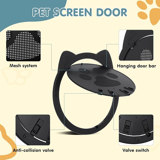 Cat Door for Screen Door, Cat Screen Door, Pet Screen Doors with Lockable Magnetic Flap for Doggy and Cat, 11.42 x 8.66 x 0.39in (Black)
