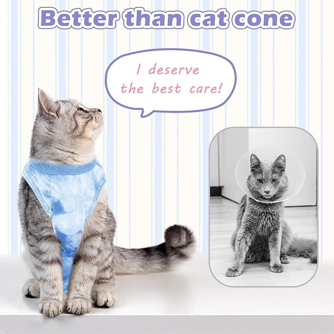 2 Pack Cat Surgery Recovery Clothes for Female and Male, Soft Cat Spay Shirts Suit, Comfortable Kittens Pajamas Onesie, Adjustable Fit to Stop Licking, Blue L