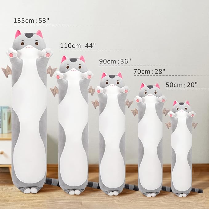 Mewaii 20” Long Cat Plush 5 Sizes, 120% Extra Filling Giant Plushness Kids Body Pillow, Kawaii Cute Grey Cat Stuffed Animals Plushies, Big Long Body Pillow Cat Plush Gift for Girls 20”