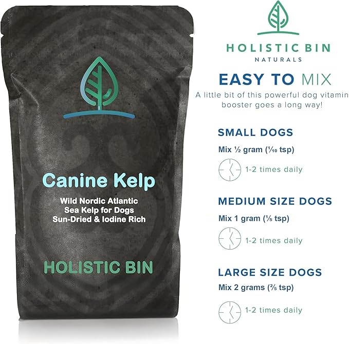 Holistic Bin Canine Atlantic Sea Kelp Dog Food Toppers | Supplement Powder with Iodine and Minerals | Pet Essentials | For Shiny Coat and Skin Wellness | Gut Flora & Oral Freshness | Canine Kelp (50g)