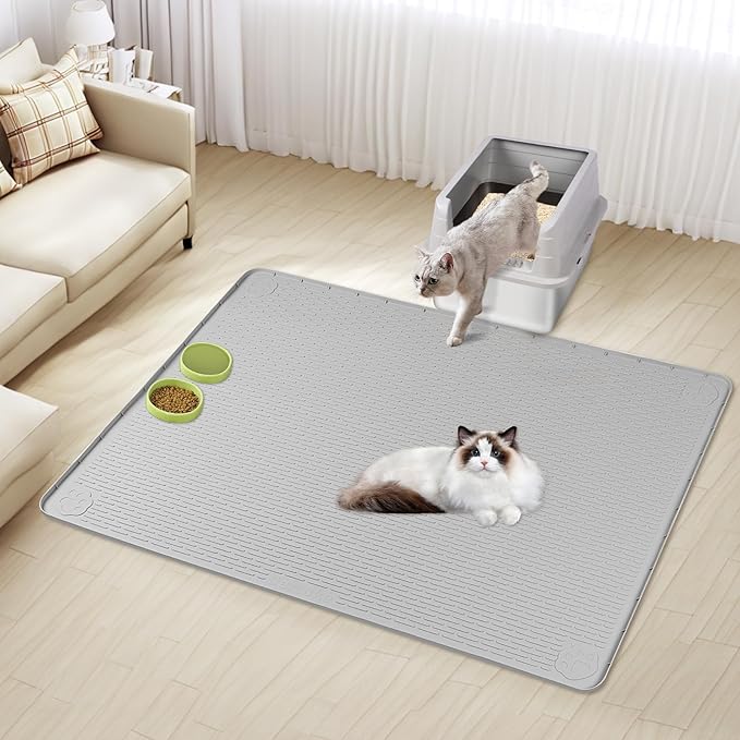 Cat Litter Mat, Extra Large 70" x 45" Silicone Mat Litter Trapping Mat for Scatter Control, Soft on Kitty Paws, Easy to Clean (Light Grey)