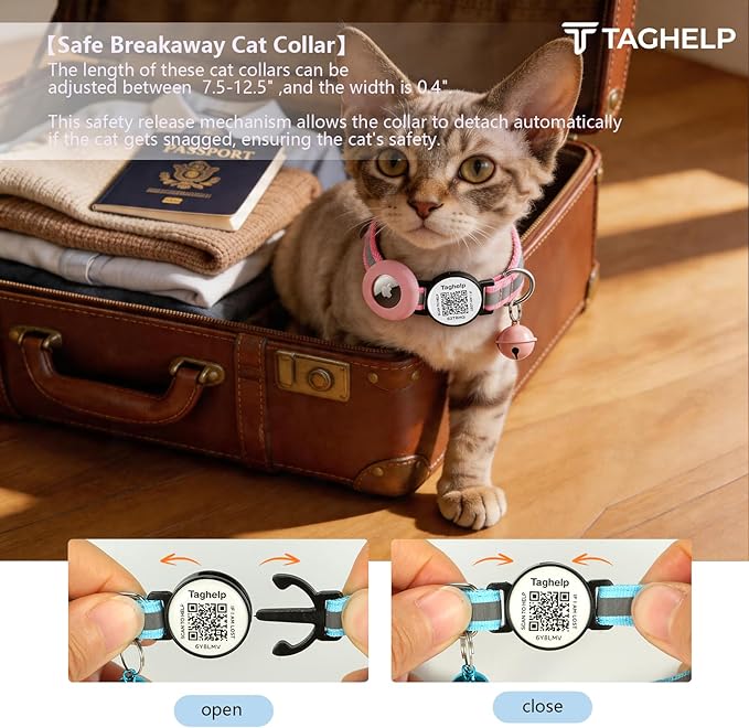Reflective AirTag Cat Collar, TAGHELP Integrated Air Tag Cat Collar for Apple with AirTag Holder and Bell, Tracker Cat Collars for Girl Boy Cats, Kittens and Puppies (Pink)