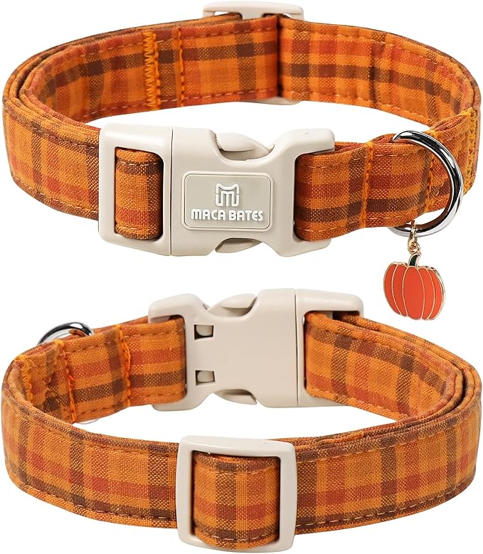 Maca Bates Fall Plaid Basic Dog Collar,Pumpkin Charm,Extra Large Girl,Boy,Autumn Brown Gingham Puppy Collars Halloween Checkered Print,Adjustable Durable Soft for Male Female Dogs with Safety Buckle