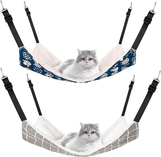 Jetec 2 Pieces Reversible Cat Hanging Hammock Soft Breathable Pet Cage Hammock with Adjustable Straps and Metal Hooks Double Sided Hanging Bed for Small Dogs Rabbits(Cat and Plaid,S)