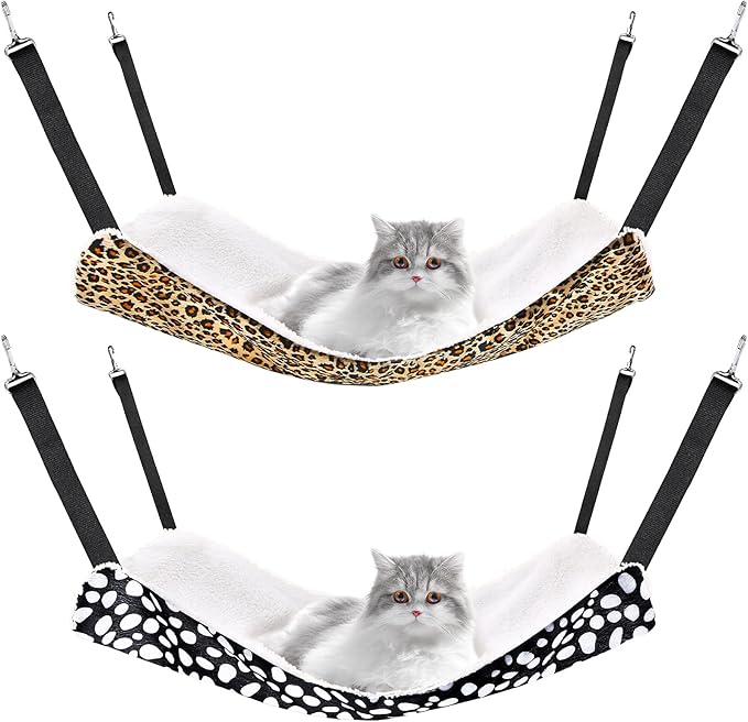 Jetec 2 Pieces Reversible Cat Hanging Hammock Soft Breathable Pet Cage Hammock with Adjustable Straps and Metal Hooks Double Sided Hanging Bed for Small Dogs Rabbits(Leopard and Dot,L)