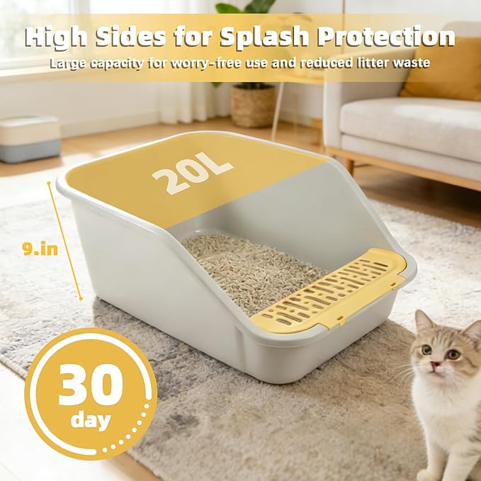 Large Cat Litter Box with High Sides,Cat Litter Pan for Indoor Big Cats,Open Top High Wall Kitty Litter Box with Low Entry for Kitten & Senior Cat,Easy to Clean,Anti-Splashing (Grey & Yellow)