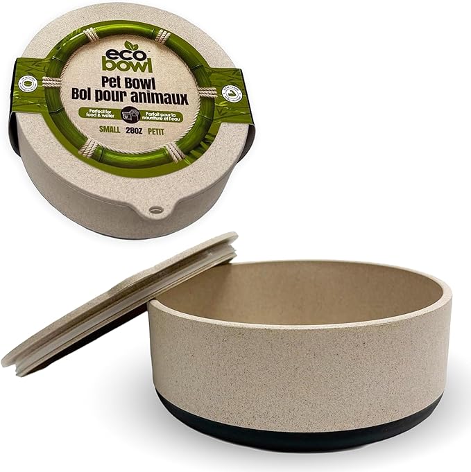Palz&Co EcoBowl with Lid for Dogs & Cats, 28 oz Gray - Natural Bamboo Pet Bowl with Non-Slip Base, Pet Food and Water Dish, Dishwasher Safe