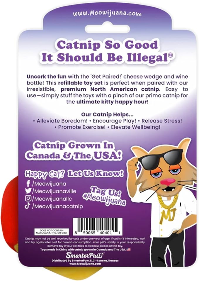 Meowijuana Refillable Cat Toys | Get Paired - Wine and Cheese Catnip Toys | Includes Potent Hand Harvested Catnip Grown in North America | Promotes Play and Cat Health