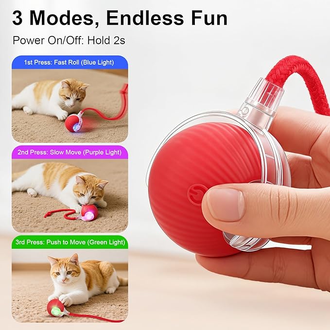 Interactive Electric Automatic Rolling Moving USB Rechargeable Self Activated Play Stimulation Toy Smart Chase Teaser Ball with Speedy Tail Rope for Bored Adult Indoor Cats Puppy Dogs, Blue