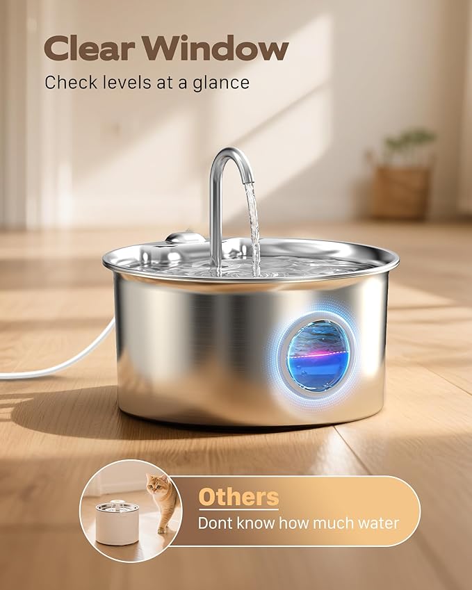 Pet Water Fountain Stainless Steel: Mental Cat Water Fountains with 8 Filters + 8 Sponges - 88oz/2.6L Noiseless Cats Waterer Bowl Dispenser - ATMZIQXR Kitten Drinking Fountains for Cats Indoor