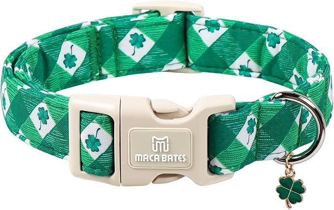 Maca Bates St. Patricks Dog Collar with Clover Charm for Extra Small Girl Boy Dogs, Green Plaid,Argyle Pattern,Adjustable Durable Soft Checkered Collars Irish Shamrock Gift for Male Female Puppy