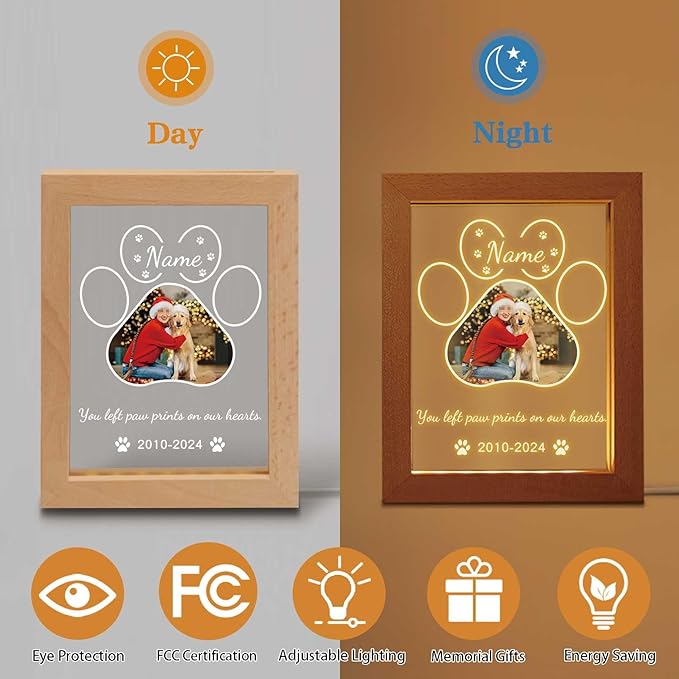 Personalized Dog Memorial Gift Night Light Customized Light Up Picture Frame Acrylic Led Plaque Lamp Pet Sympathy Remembrance Gift(Dog)
