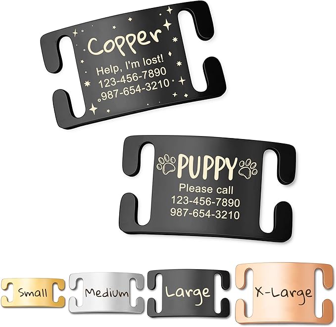 Anavia Slide On Silent Pet ID Tags, Fun Wild Flower Frame Design Personalized Engraved Plated Stainless Steel Cat Dog Name Tags, Glossy Customized Chew-Proof Quiet Dog Collar Tags (Medium, Black)