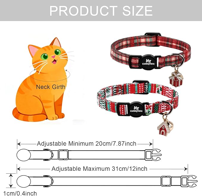 Christmas 2 Pack Cat Collar, Cute Soft Breakaway Kitty Collar with Bell&Pendent, Cotton Christmas Plaid Collar with Safety Buckle for Girl Boy Cats