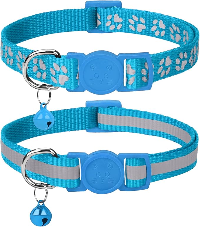 Taglory Kitten Collar Breakaway with Bell, Reflective Soft Cat Collar for Small Kittens, Adjustable 6-8 Inch High Visibility Night Strip, Lightweight for 2-6 Months Baby Cats, 2 Pack, SkyBlue