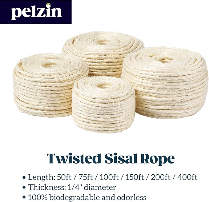 Pelzin Natural Sisal Rope for Cat Scratcher 1/4 Inch by 75 Feet, Cat Tree Rope Twine for Cat Scratching Post Replacement, Cat Tower with Scratch Post Repairing, Replace, Recovering and DIY, White