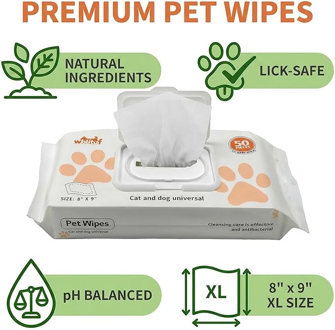 Pet Grooming Wipes 50 Count, Jumbo Size 8" x 9", Lick-Safe, Alcohol-Free Deodorizing Wipes for Dogs & Cats with Sensitive Skin