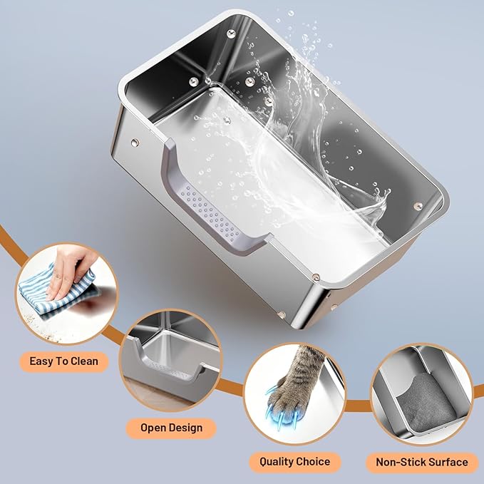 Stainless Steel Cat Litter Box, Steel Litter Pan with Curved Low Entry, Leak Proof 6 Inch High Side for Urine, Easy Entry for Kittens Older Cats, No Slip, 23.6" x 15.7" x 7.9", Silver