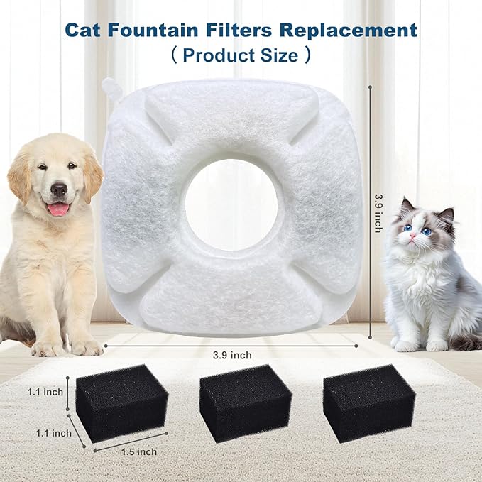 8Pcs Cat Fountain Replacement Filters,8Pack Cat Water Fountain Replacement Filters with 8Pack Pre-Filter Sponges, Pet Fountain Filter Fit for 95oz/2.8L Automatic Pet Fountain Cat Water Fountain