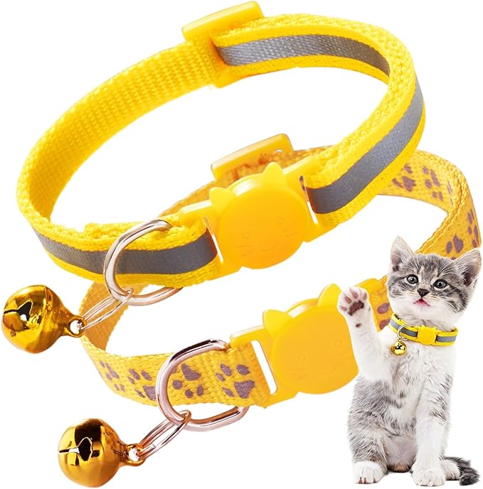 2 Pack Breakaway Cat Collar with Bells, Claw Print Reflective Kitten Collars Safety Buckle Adjustable for Girl and Boy Kitty Pets, Yellow
