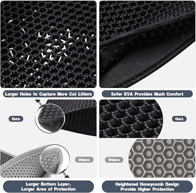 Cat Litter Mat 23.6"x15.7" Double Layer Waterproof & Non-Slip - Honeycomb Washable EVA Litter Mat for Scatter Control, Urine Proof Litter Trapping Mat for Litter Box(Black)