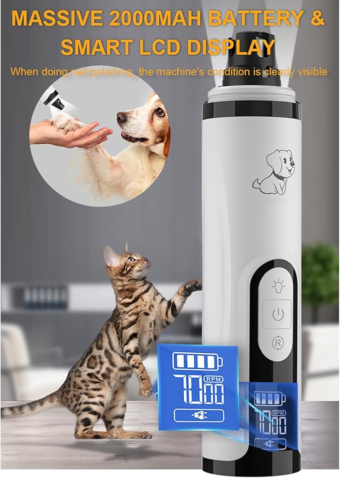 Upgraded Slient Dog Nail Grinder, Professional Pet Nail Grinder, Triple Speed Settings, 2000mAh Battery, Ultra Quiet Operation for Stress-Free Grooming for Small Medium Large Dogs & Cat