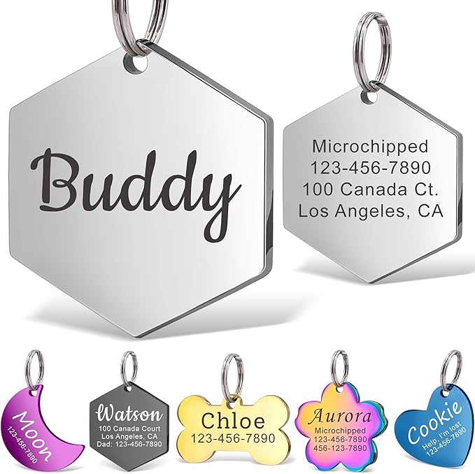 Anavia Personalized Pet ID Tags, Stainless Steel Glossy Laser Engraved Dog Cat Collar Name Tags, Multiple Colors Shapes Sizes (Hexagon, Regular)