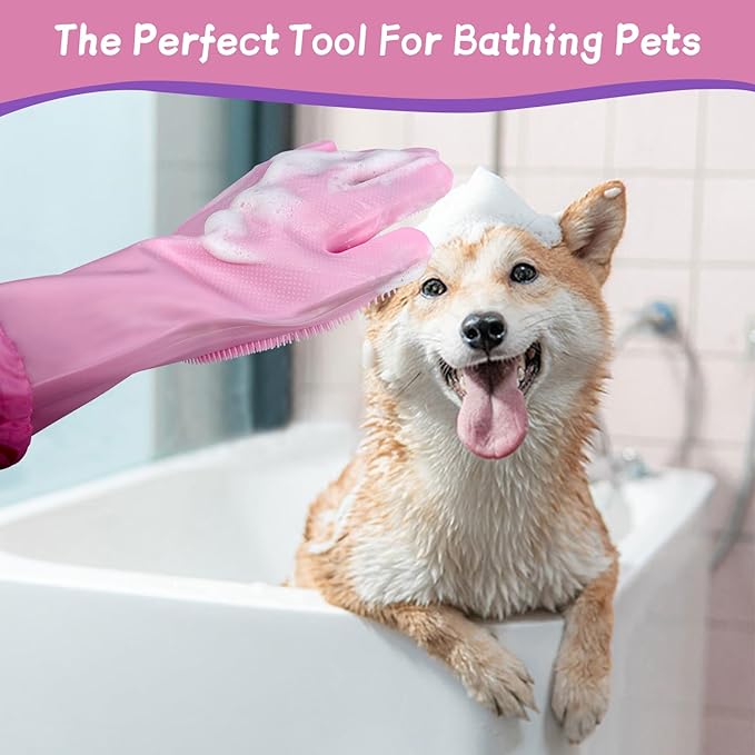 Silicone Pet Bathing Gloves with Finger Toothbrush – 2-in-1 Grooming & Deshedding Gloves for Cats, Dogs, Rabbits – Extended Design for Easy Cleaning & Massage(Pink)
