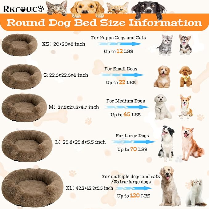 Fluffy Dog Bed Calming Donut Beds for Large Dogs Warming Round Small Medium Pet Nest Cozy Cat Mattress Indoor Washable Puppy Kennel Kittens Sleep Mat (M, 27.5×27.5 inch, Light Brown)