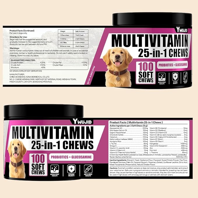 25-in-1 Dog Multivitamin Chewable with Probiotics,Dog Vitamins and Supplements Hip & Joints,Pets Immune Support,Skin,Coat,Heart,Gut Health Omega 3,Glucosamine for All Breeds Puppy,Adult & Senior Dogs