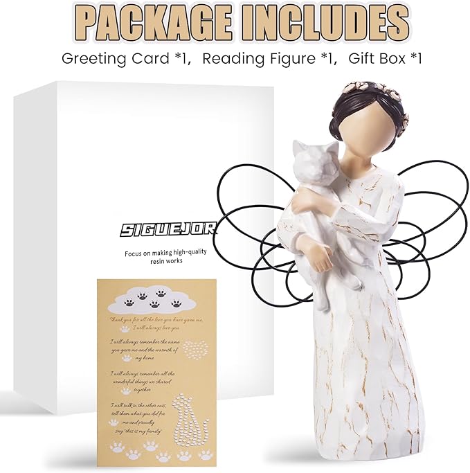 Cat Memorial Gifts, Cat Memorial Gifts for Loss of Cat, Pet Cat Remembrance Gifts, Cat Angel Figurine Statue for Cat Lovers in Memory of Their Beloved Cat(White Cat)