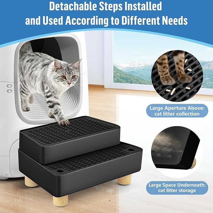 Extra Large 2 Steps Cat Litter Box Step Ramp, Cat Litter Catcher Mat with Wooden Feet, Filter Function, Cat's Pedal Stool for Self-Cleaning Litter, Suitable Kitten & Elderly Cats (Black)