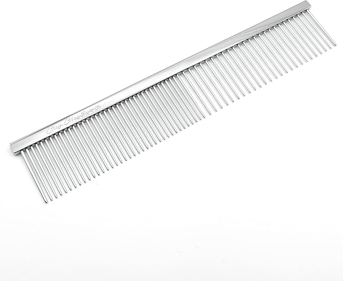 Chris Christensen 000 7.5 in. Greyhound Style Fine/Coarse Colored Butter Comb, Groom Like a Professional, Rounded Corners Prevent Friction and Breakage, Solid Brass with Steel Teeth, Chrome Finish