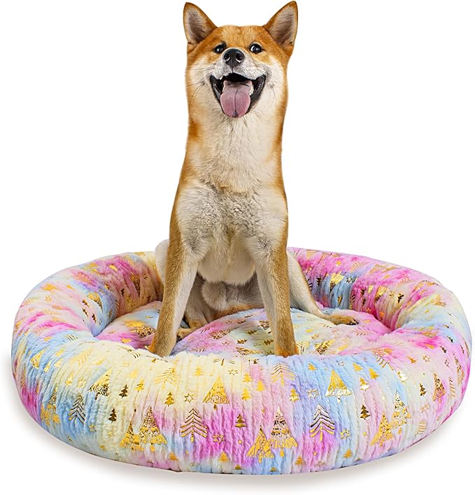 31 Inch Christmas Tree Calming Dog Bed for Medium Dogs, Round Anti-Anxiety Warm Bed, Soft Cozy Anti-Slip Donut Washable Pet Bed, Fits up to 50 lbs Pets