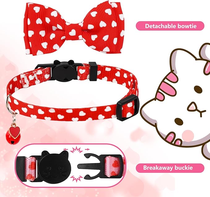 JarThenaAMCS 3Pcs Valentine's Day Cat Collar Love Heart Bowtie Collar with Breakaway Bell Red White Pink Adjustable Kitten Collar for Girl Boy Cat Small Pet